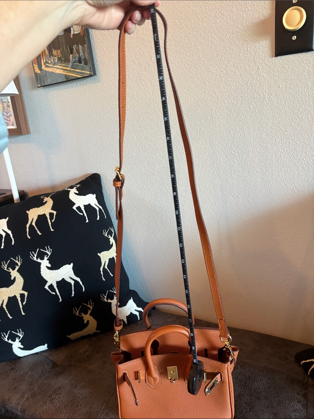 **Women's Tan Pebbled Leather Satchel with Top Handles and Crossbody Strap - Picture 10 of 12